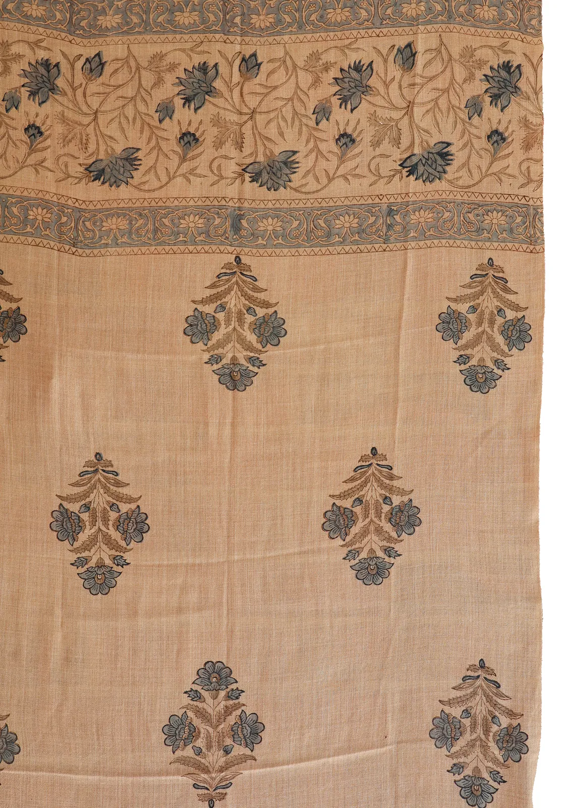 Fine Kashmir wool block printed shawl with Moghal florals