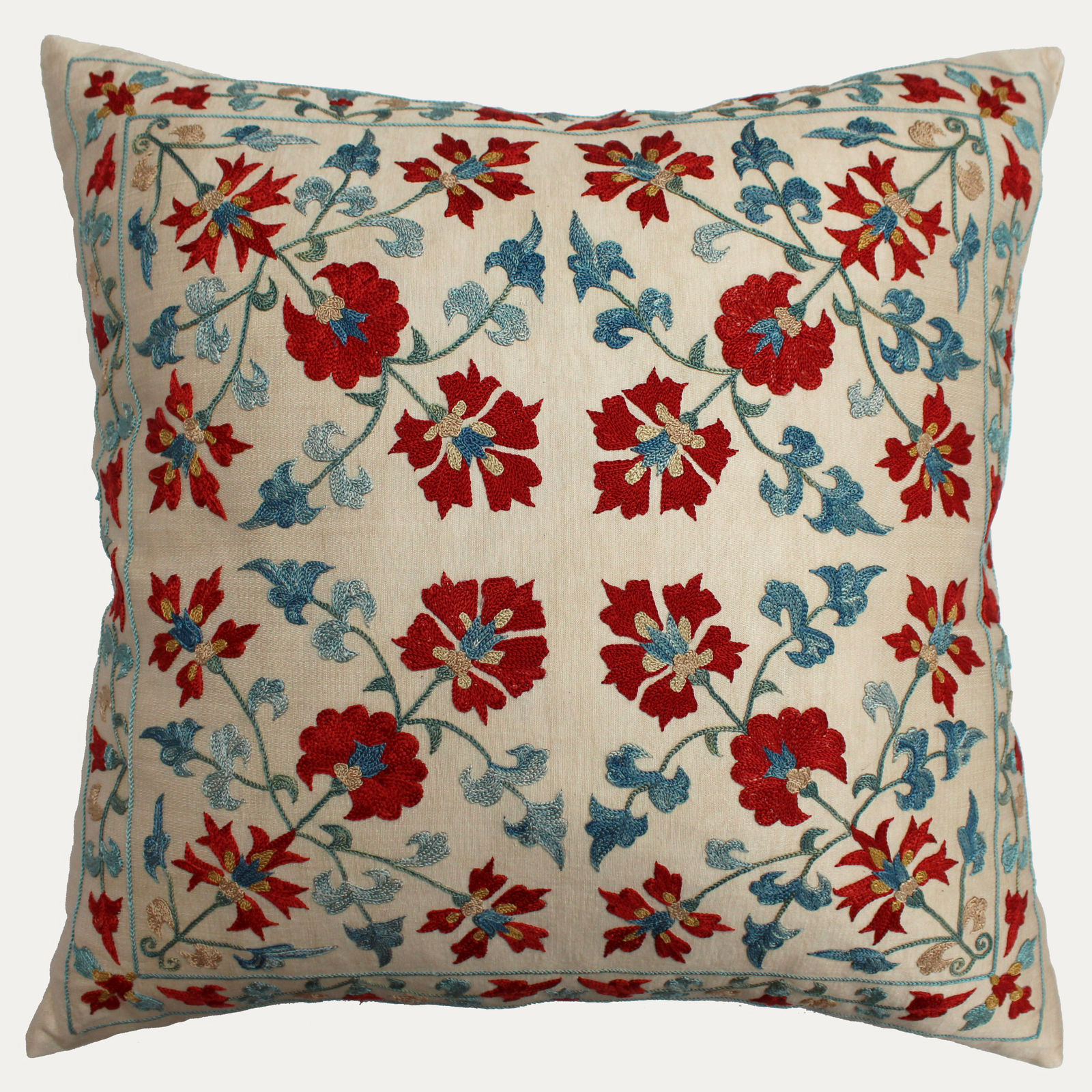 Suzani Hand Embroidered Silk Cushion with Feather & Down Pad