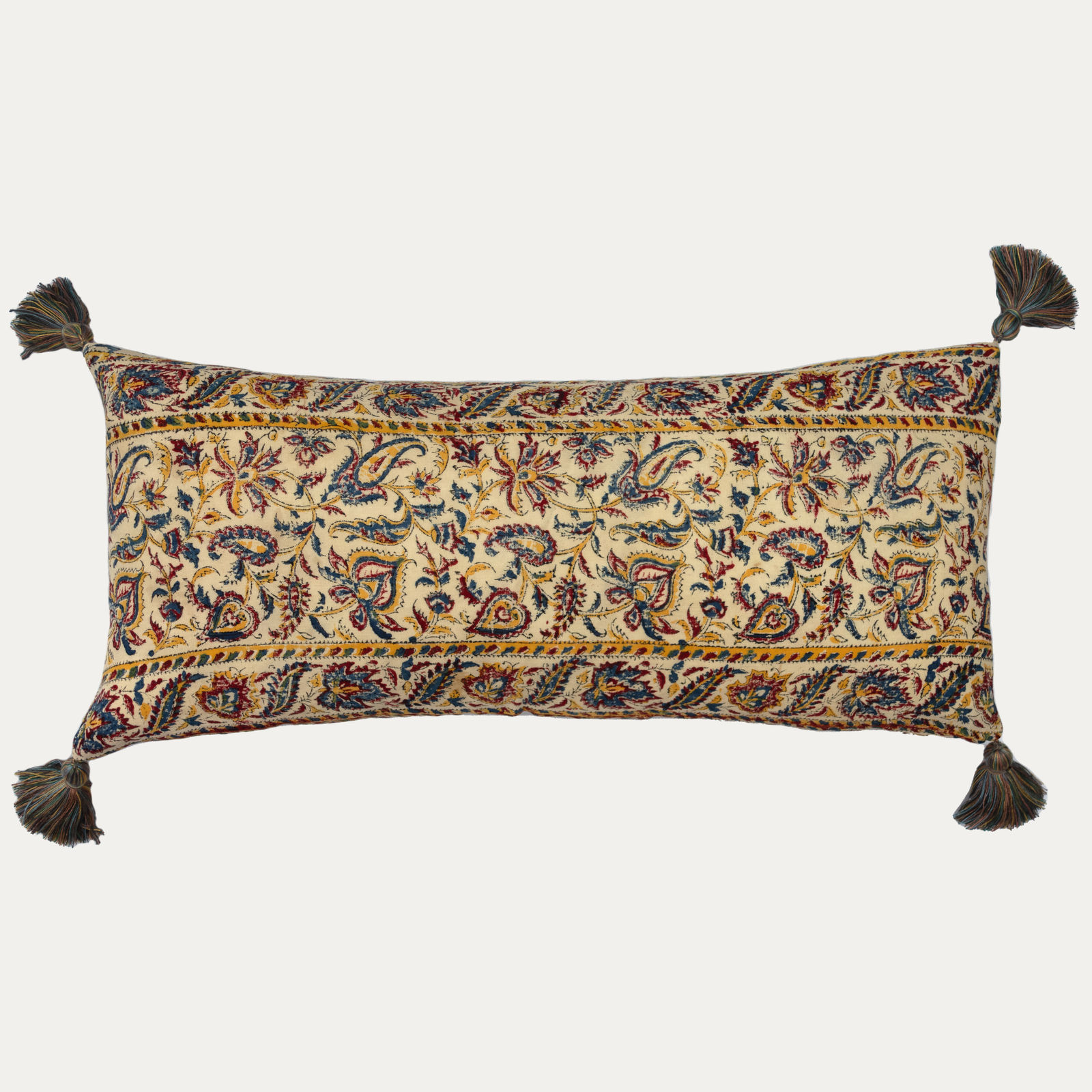 Beautiful Vintage Hand Block Printed Kalamkari Cushion with Tassels
