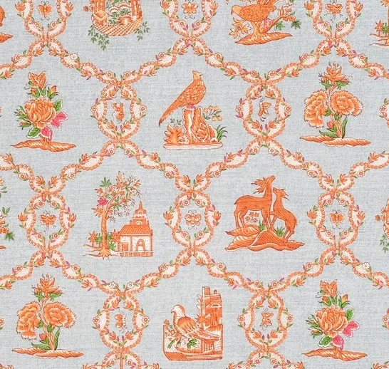 Bennison Fabrics, Honfleur Orange Blue Grey On Oyster