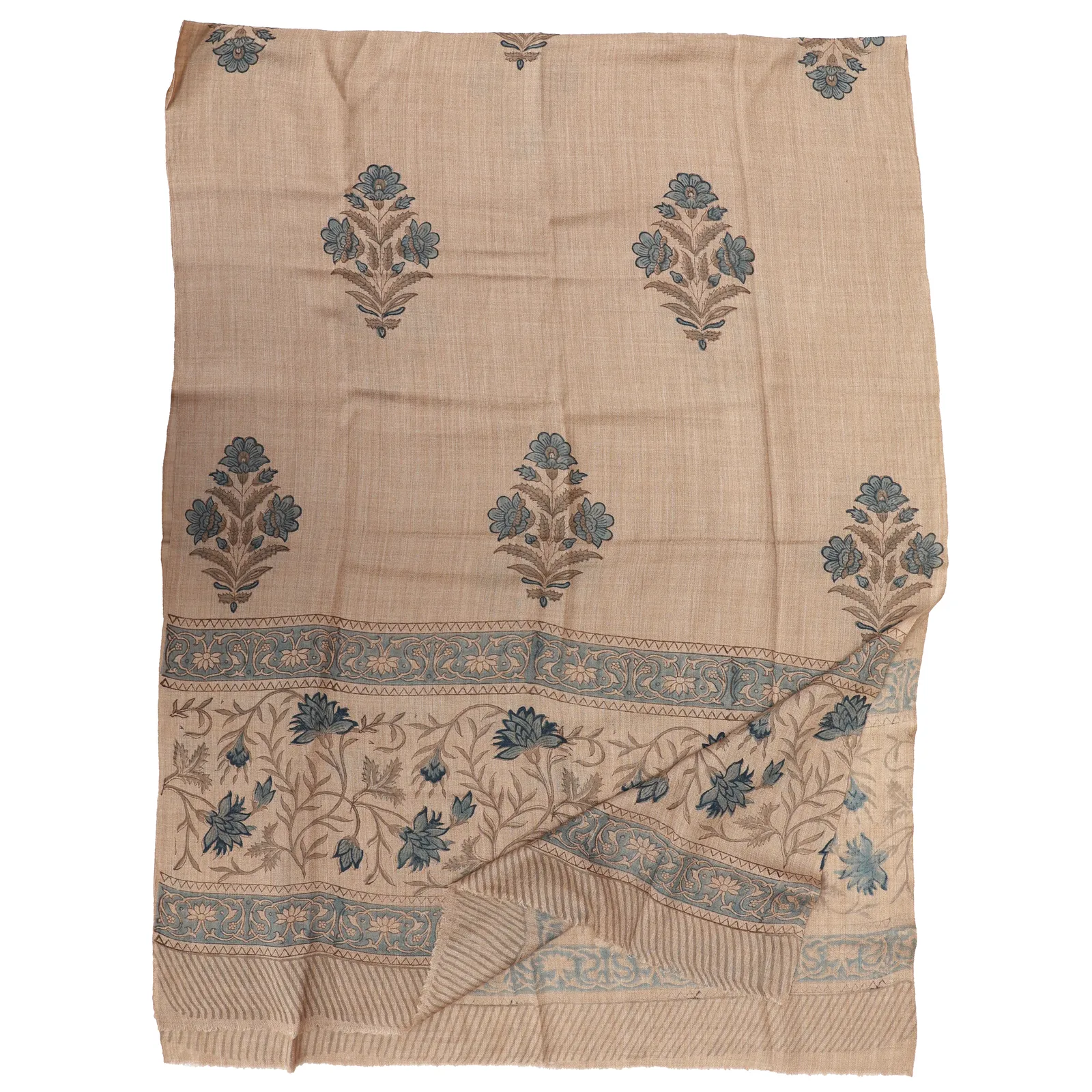 Fine Kashmir wool block printed shawl with Moghal florals