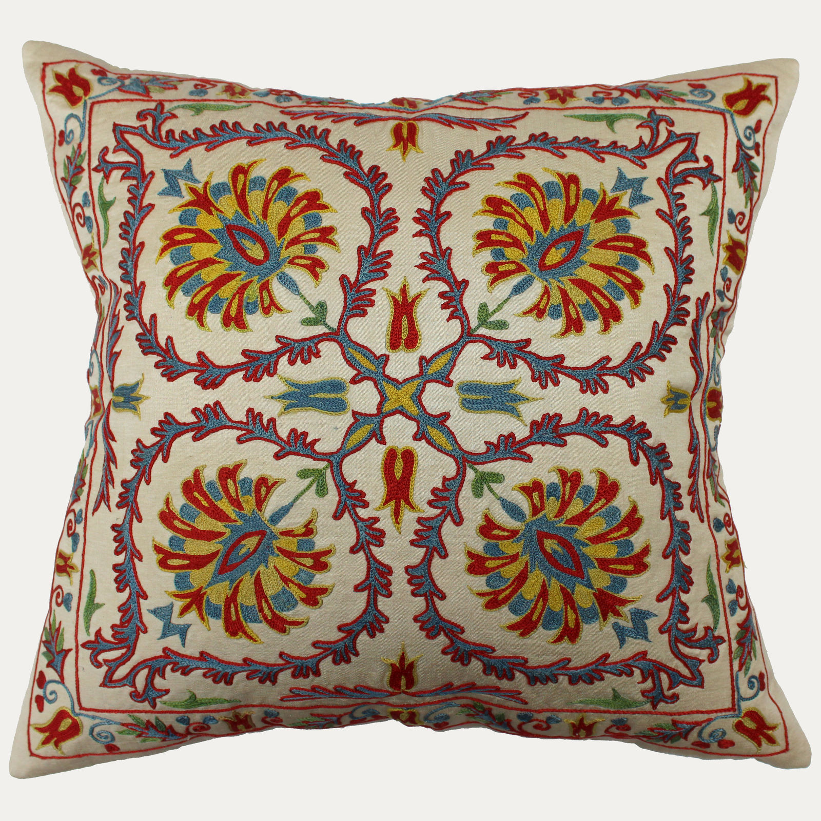 Suzani Hand Embroidered Silk Cushion with Feather & Down Pad