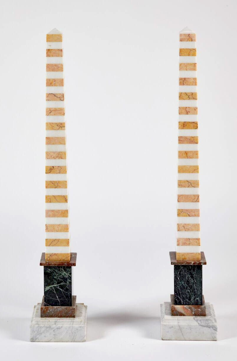 Pair of Tall Multicolored Striped Specimen Marble Obelisks, 19th Century