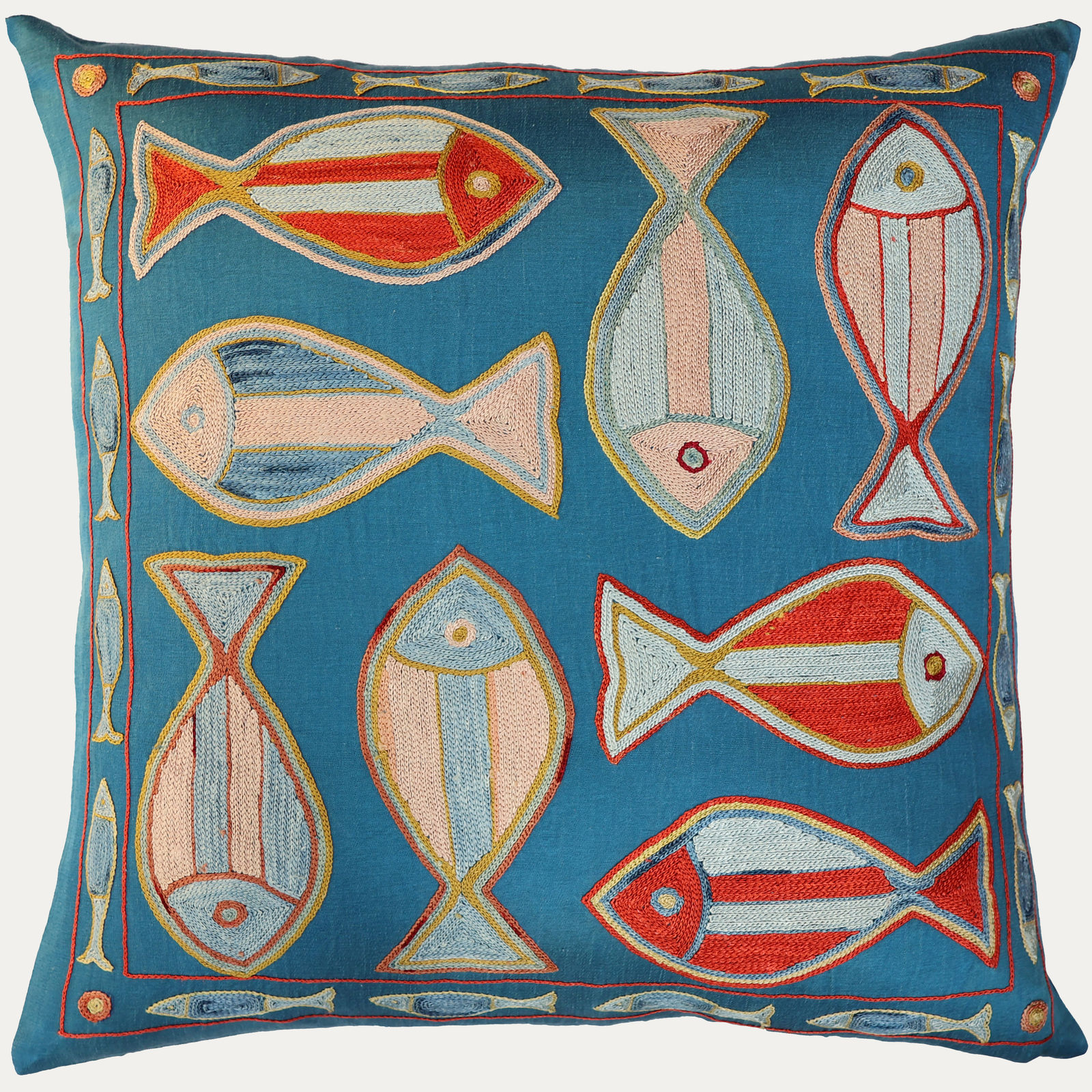 Unique Suzani Cushion with Silk Hand Embroidered Fish Motifs on Silk & Cotton Base Cloth