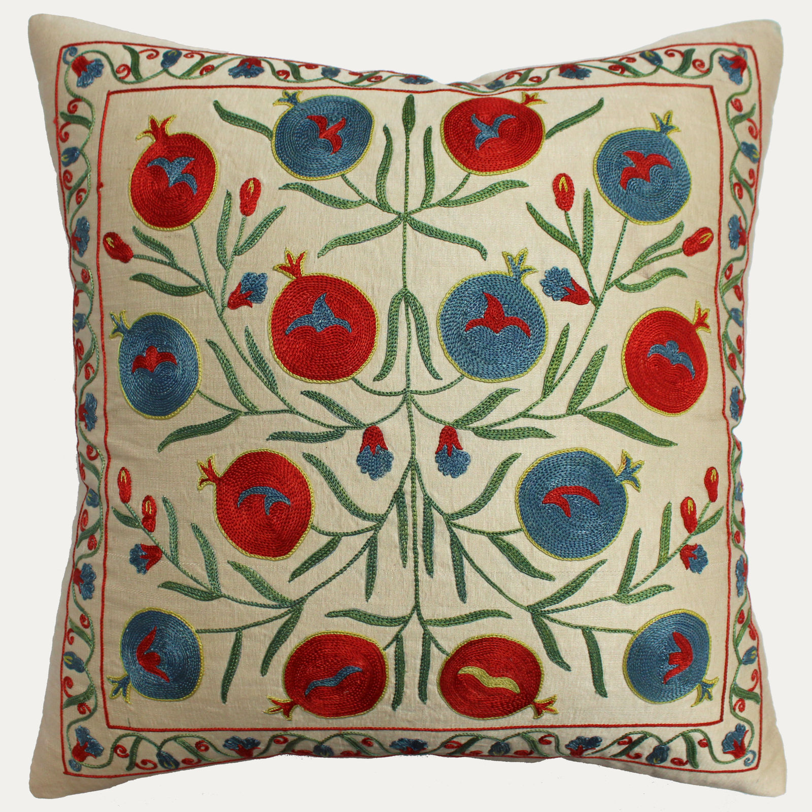 Suzani Hand Embroidered Silk Cushion with Feather & Down Pad
