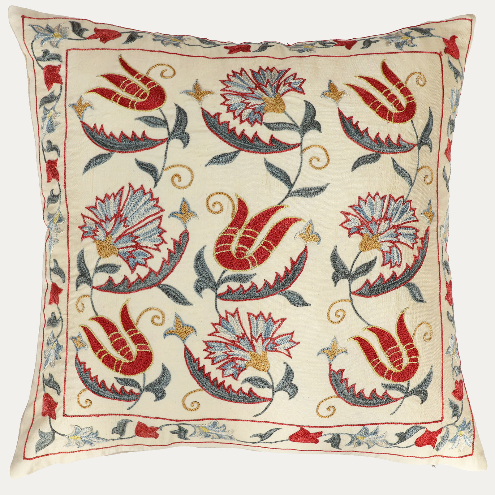 Unique Suzani Cushion with Silk Hand Embroidered Hyacinth and Carnation Motifs on Silk & Cotton Base Cloth