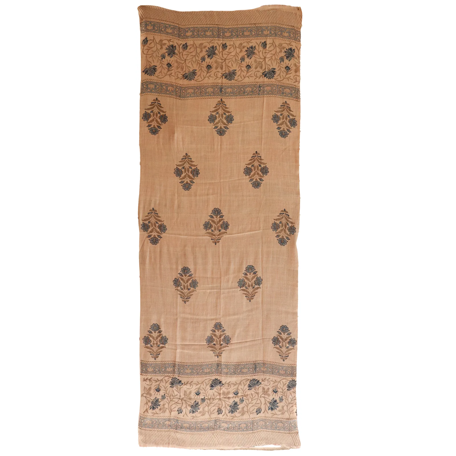 Fine Kashmir wool block printed shawl with Moghal florals