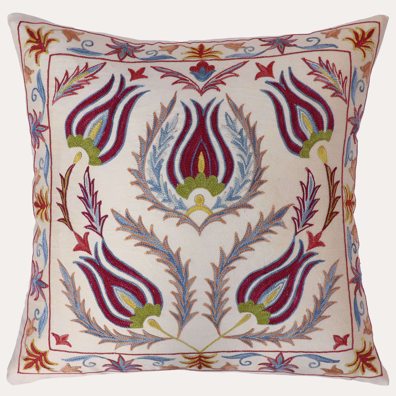 Unique Suzani Cushion with Silk Hand Embroidered Tulip Motifs on Silk & Cotton Base Cloth