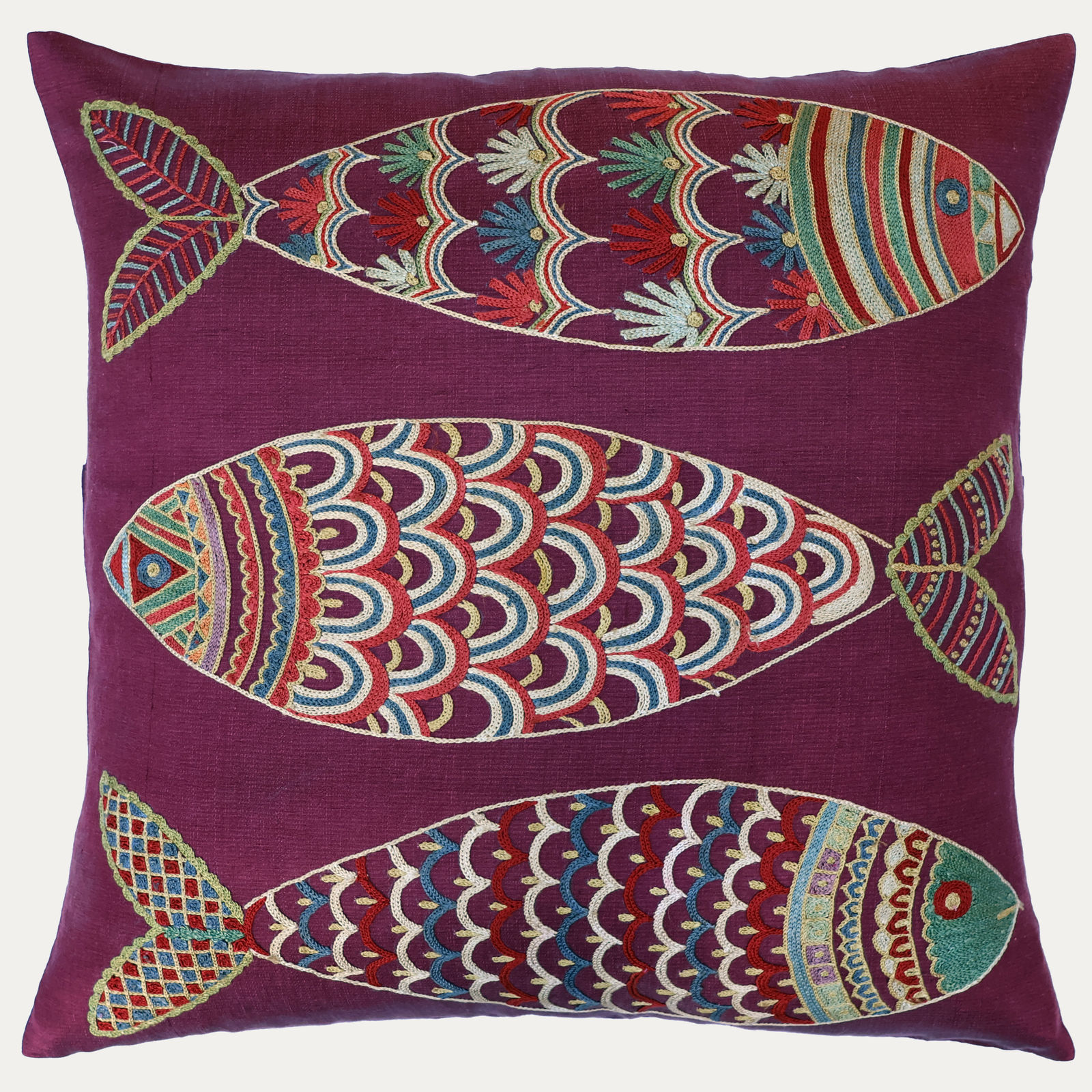 Unique Suzani Cushion with Silk Hand Embroidered Fish Motifs on Purple Silk & Cotton Base Cloth