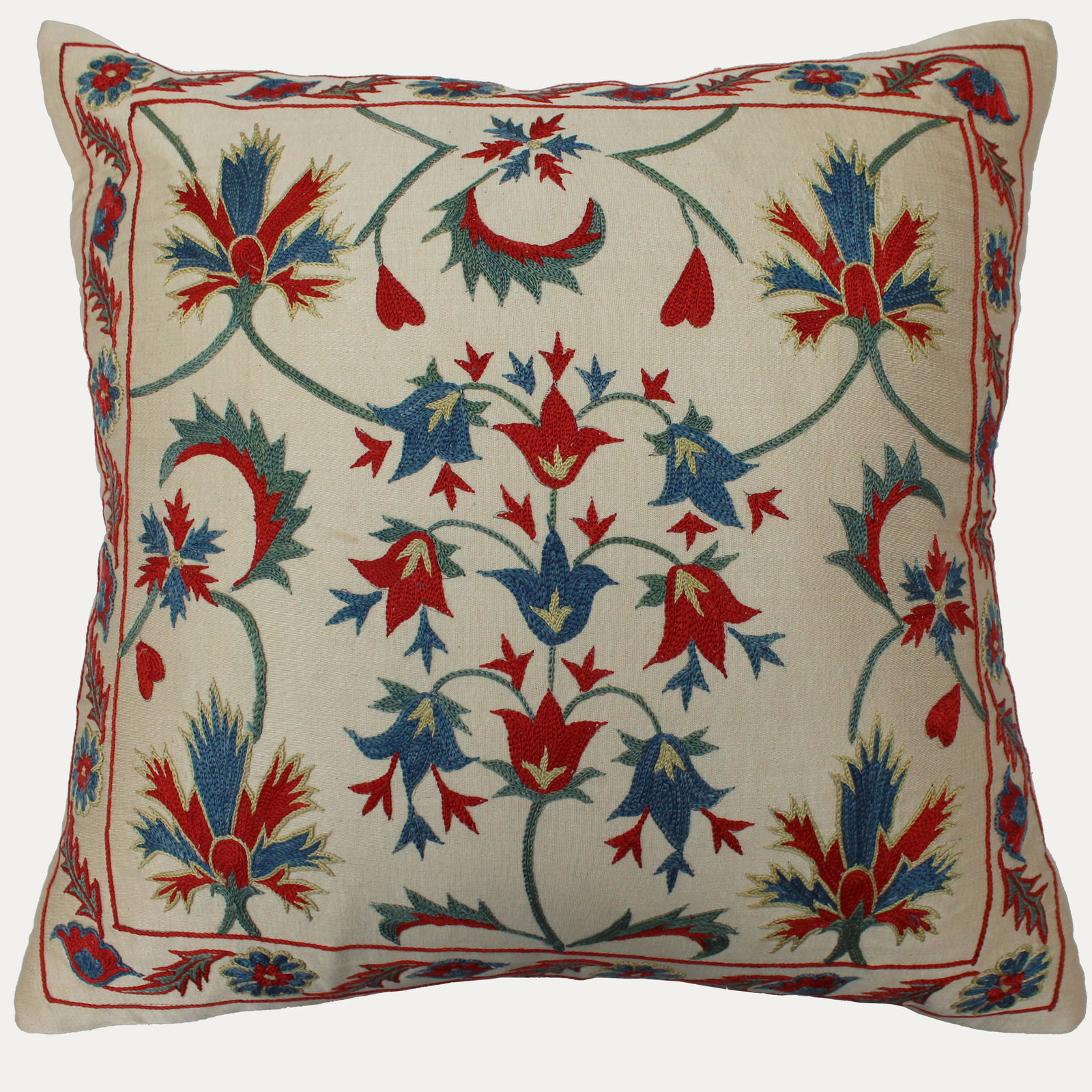 Suzani Hand Embroidered Silk Cushion with Feather & Down Pad