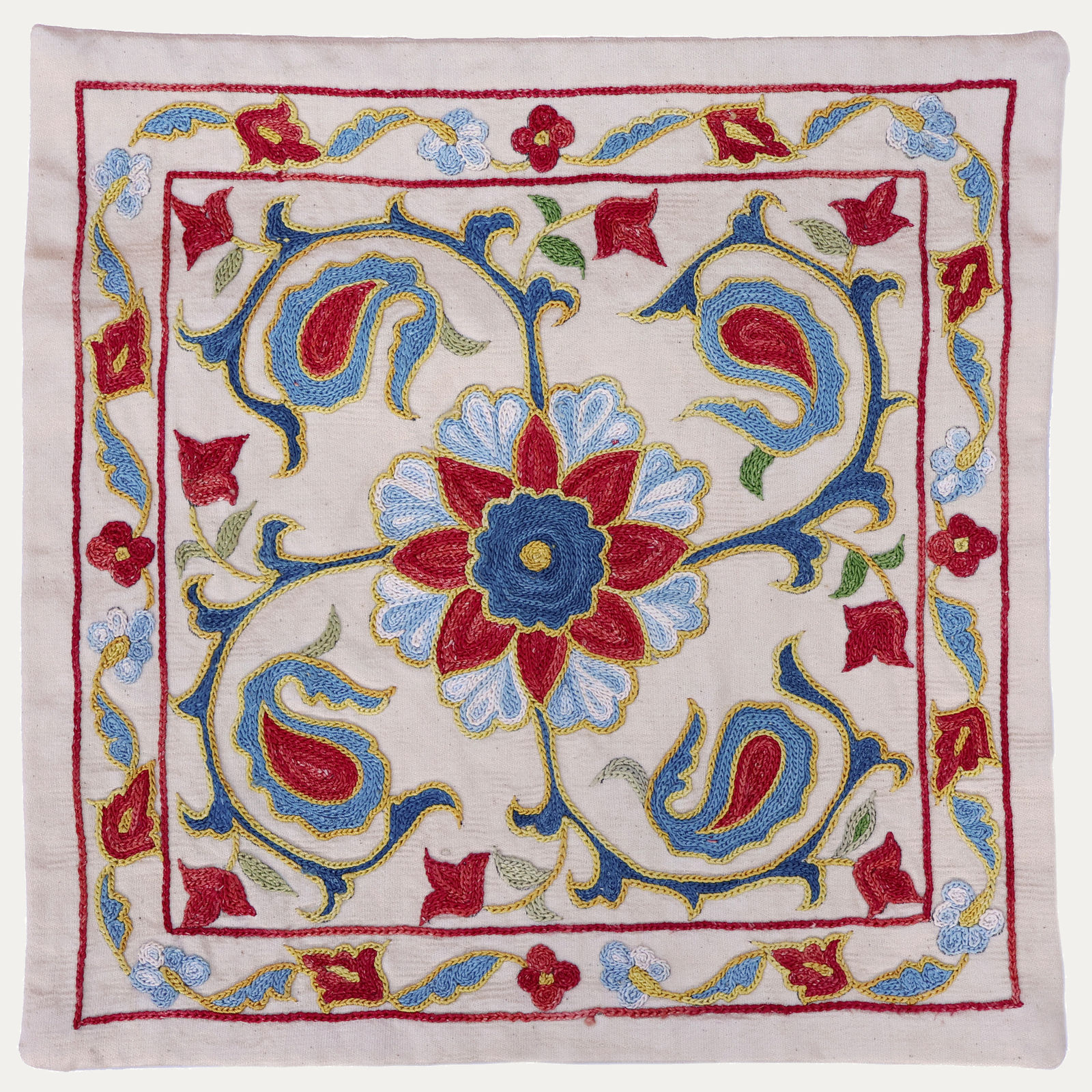 Unique Small Suzani Cushion Cover with Silk Hand Embroidered Ottoman Motifs on Silk & Cotton Base Cloth