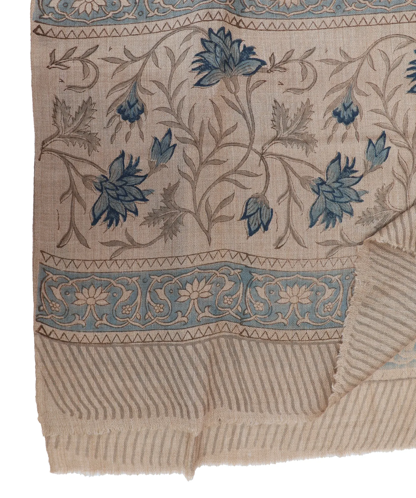 Fine Kashmir wool block printed shawl with Moghal florals