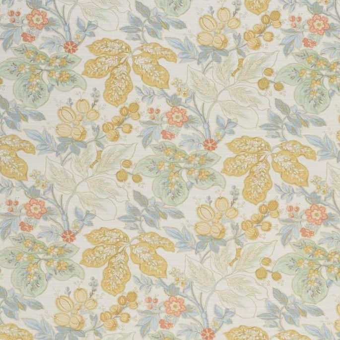 Bennison Fabrics, Wheat Flower Blue Mustard On Oyster