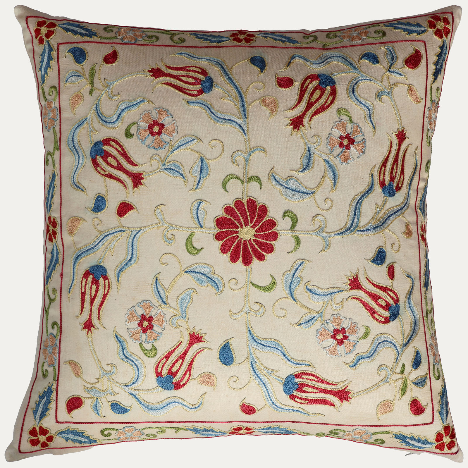 Unique Suzani Cushion with Silk Hand Embroidered Tulip Motifs on Silk & Cotton Base Cloth
