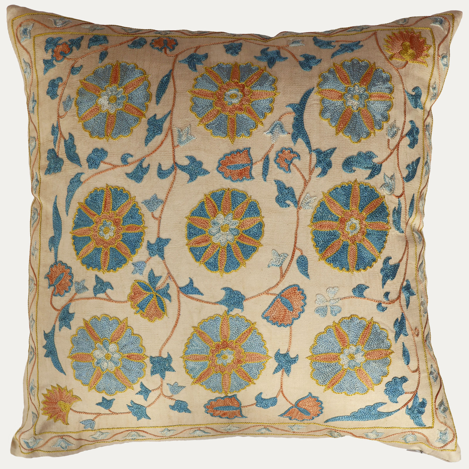 Unique Suzani Cushion with Silk Hand Embroidered Floral Motifs on Silk & Cotton Base Cloth