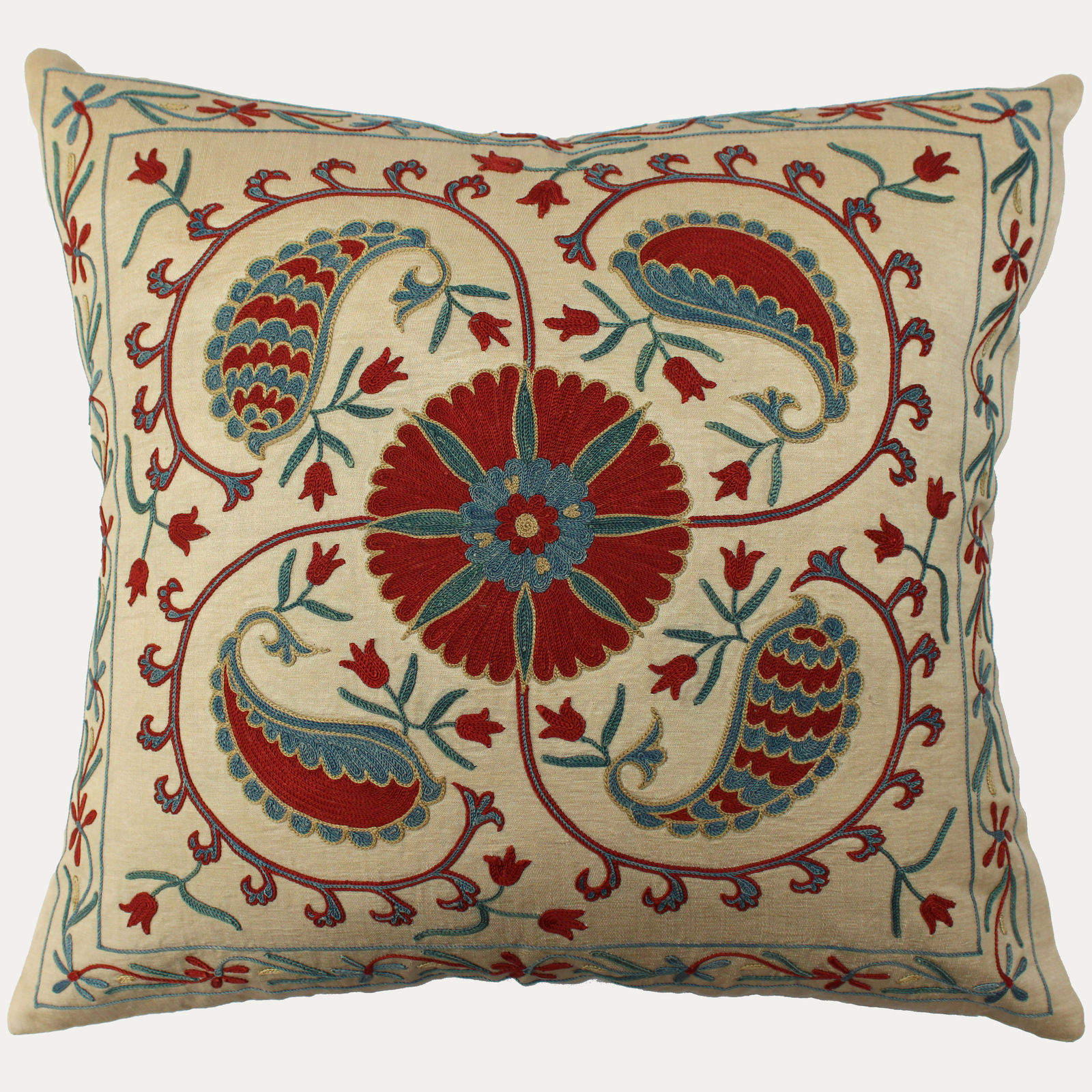 Suzani Hand Embroidered Silk Cushion with Feather & Down Pad