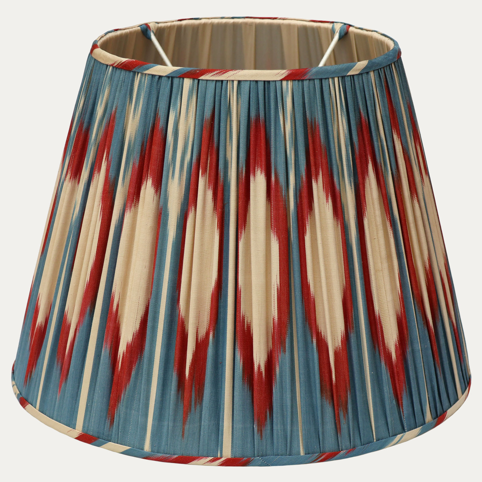 Striking Tall Blue and Orangey Red Silk and Cotton Ikat Handsewn Lampshades