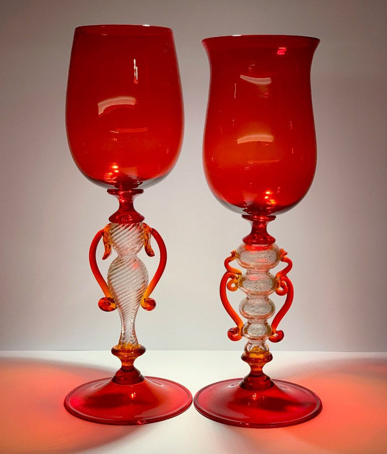 Stunning Cardinal Red Murano Wine Glasses, 1940s