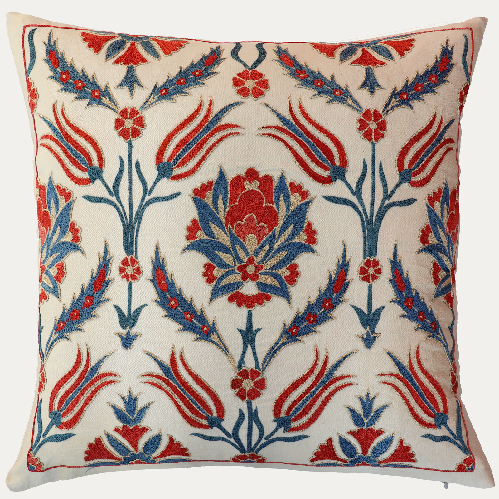 Unique Suzani Cushion with Silk Hand Embroidered Tulip Motifs on Silk & Cotton Base Cloth
