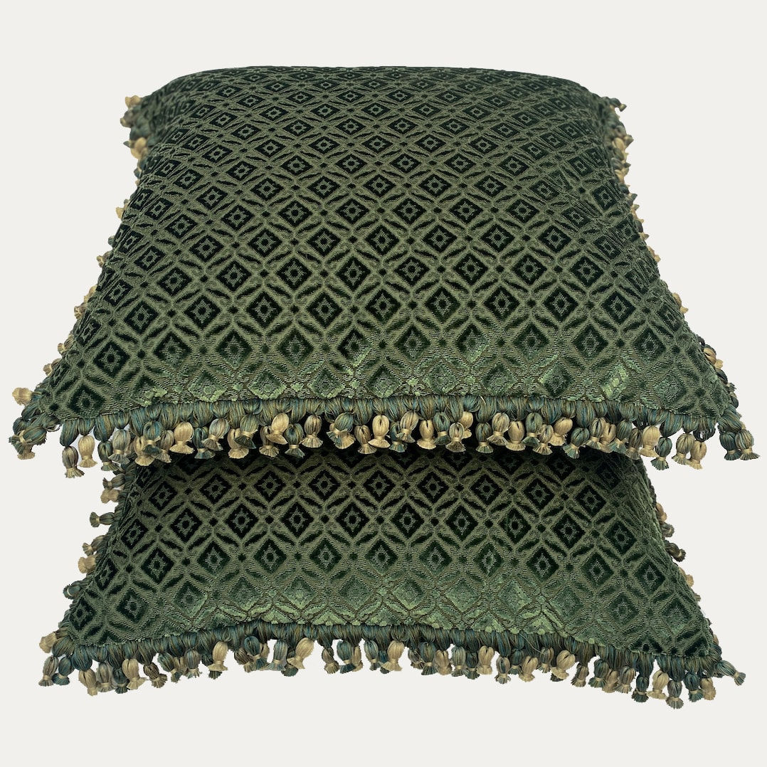 Chelsea Textiles Canfort in Genévrier Silk Jacquard Cushion with Onion Tassel Fringe