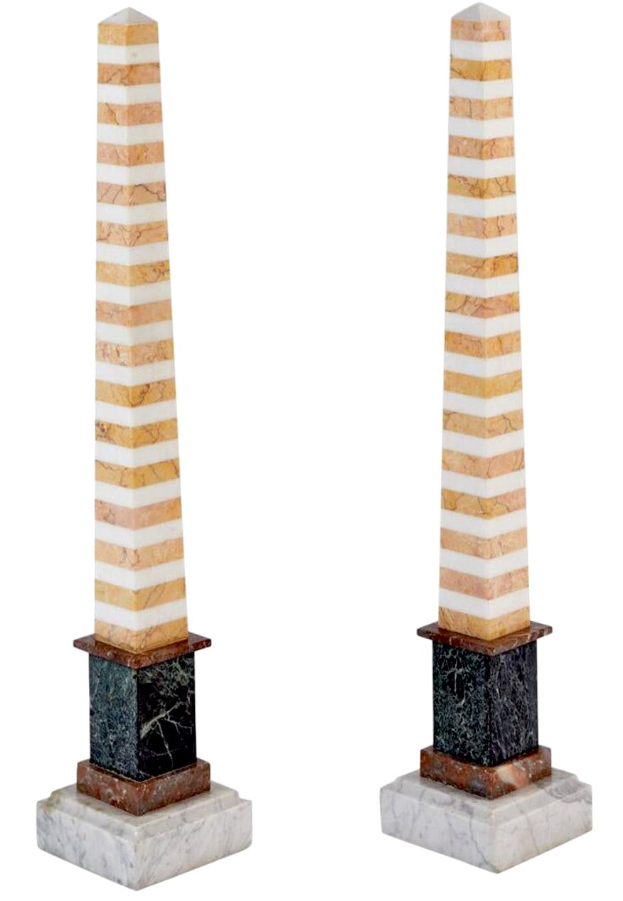 Pair of Tall Multicolored Striped Specimen Marble Obelisks, 19th Century