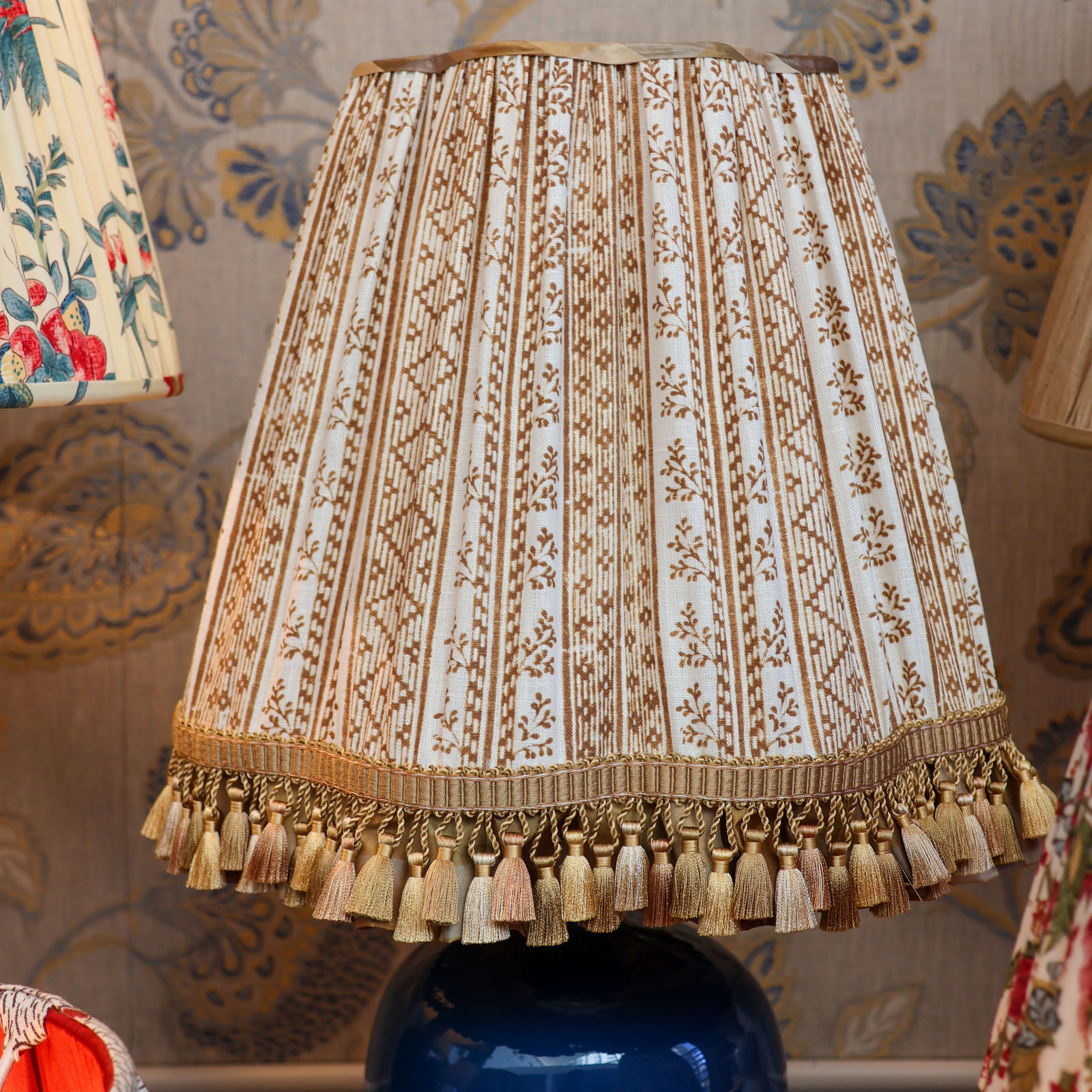 Jasper Dutch Stripe Saffron Lampshade with Check Skirt and Silk Tassel Fringe