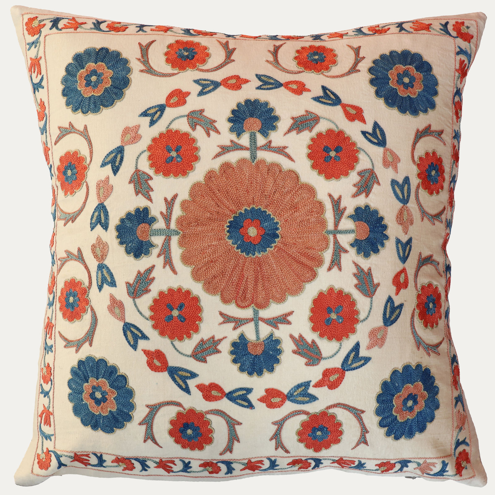 Unique Suzani Cushion with Silk Hand Embroidered Floral Motifs on Silk & Cotton Base Cloth