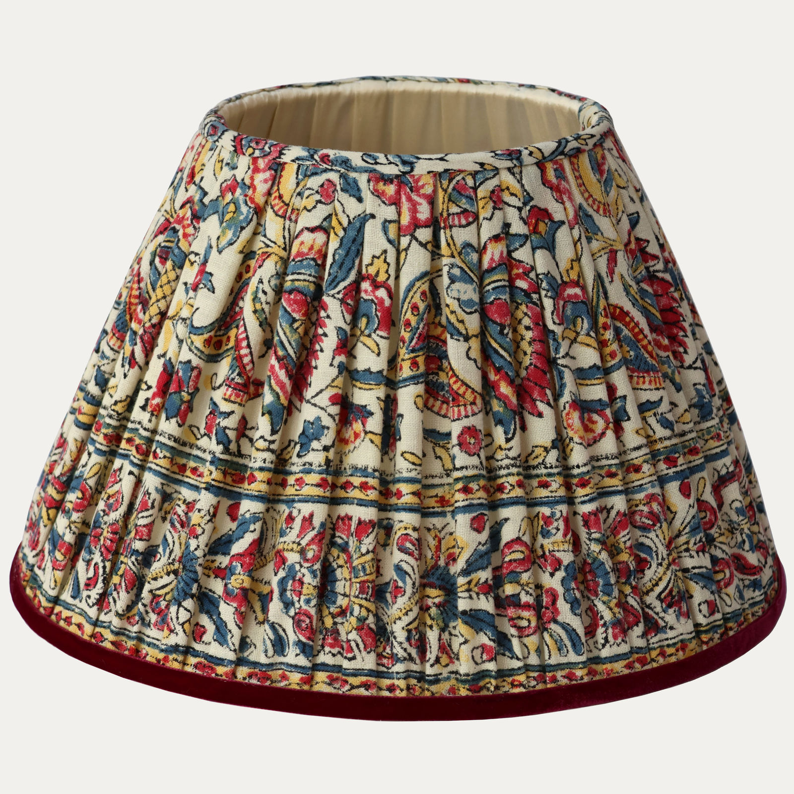 12in/31cm Vintage Hand Block Printed Fabric Lampshade with Velvet Trim