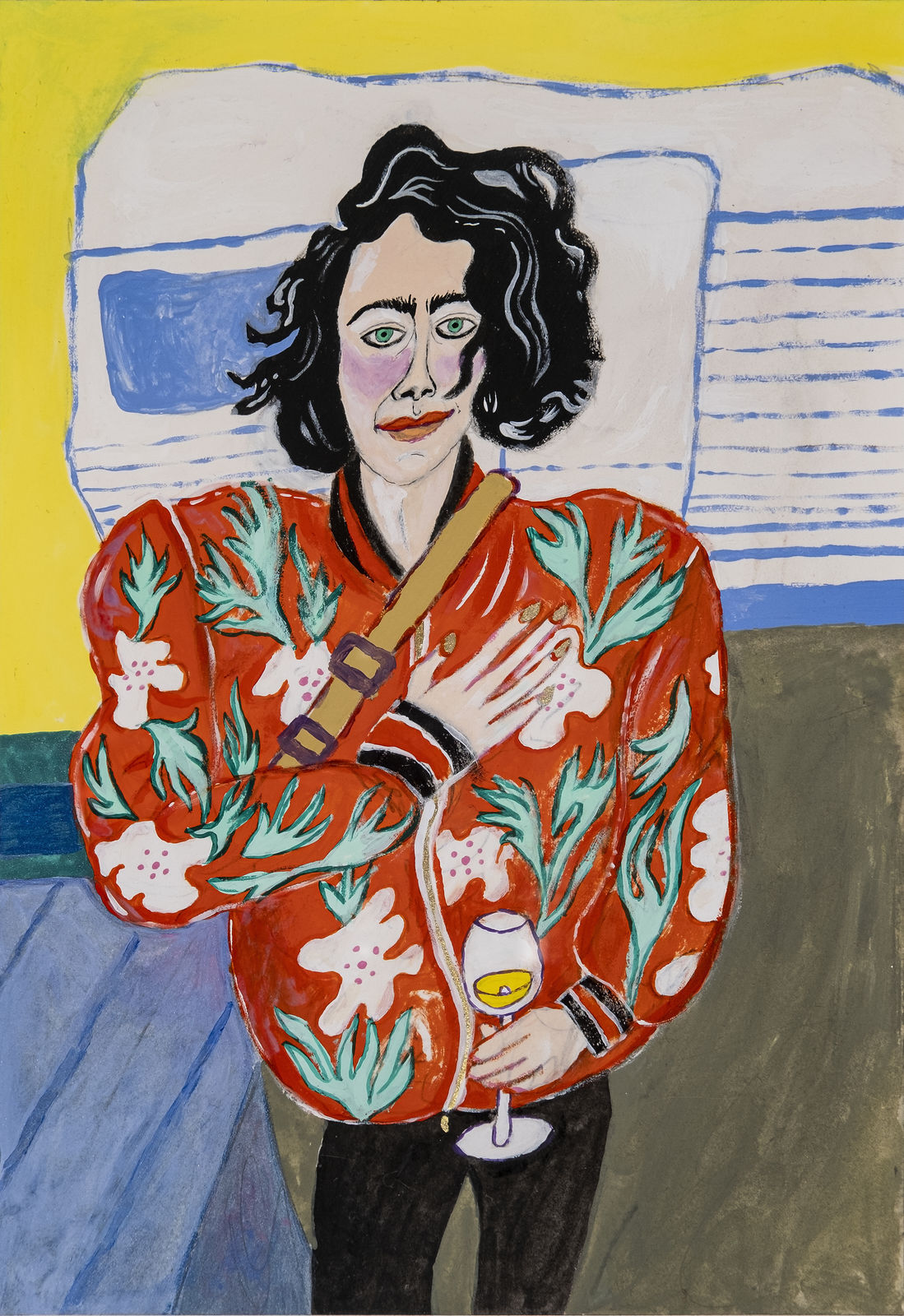 Constance Tenvik, Fiona with her hand on her heart and a cold glass of pouilly fumé by the thundering camping wagon of Werner, 2019