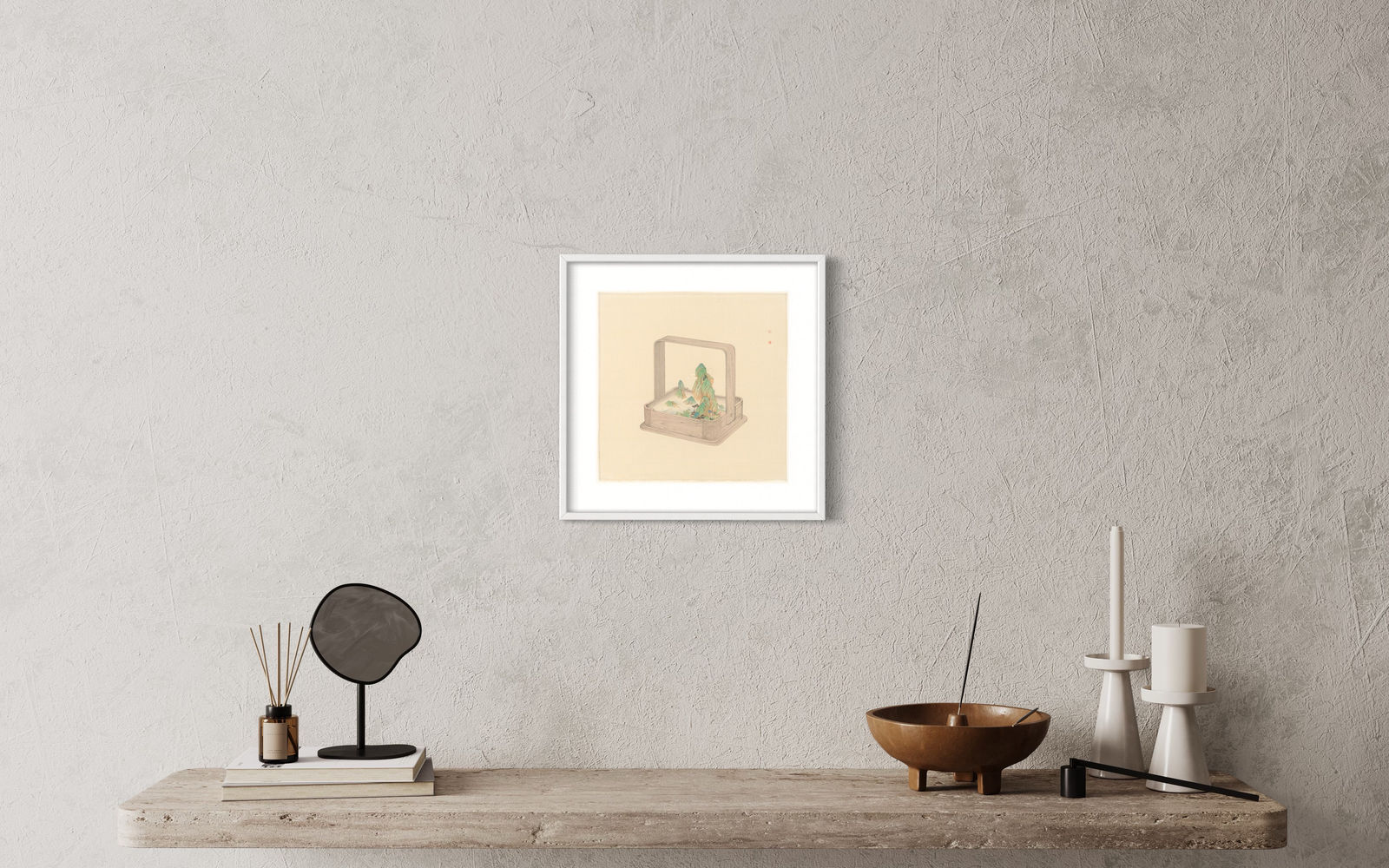 A framed picture that includes a basket with a mountain in it, interior image