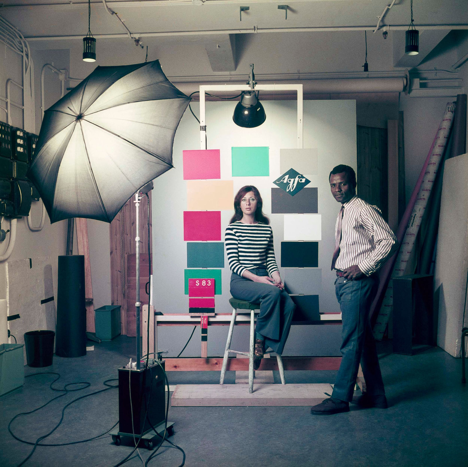 James Barnor, Self-portrait with a model during James Barnor’s training at the Agfa-Gevaert laboratory in Mortsel, Belgium, 1969