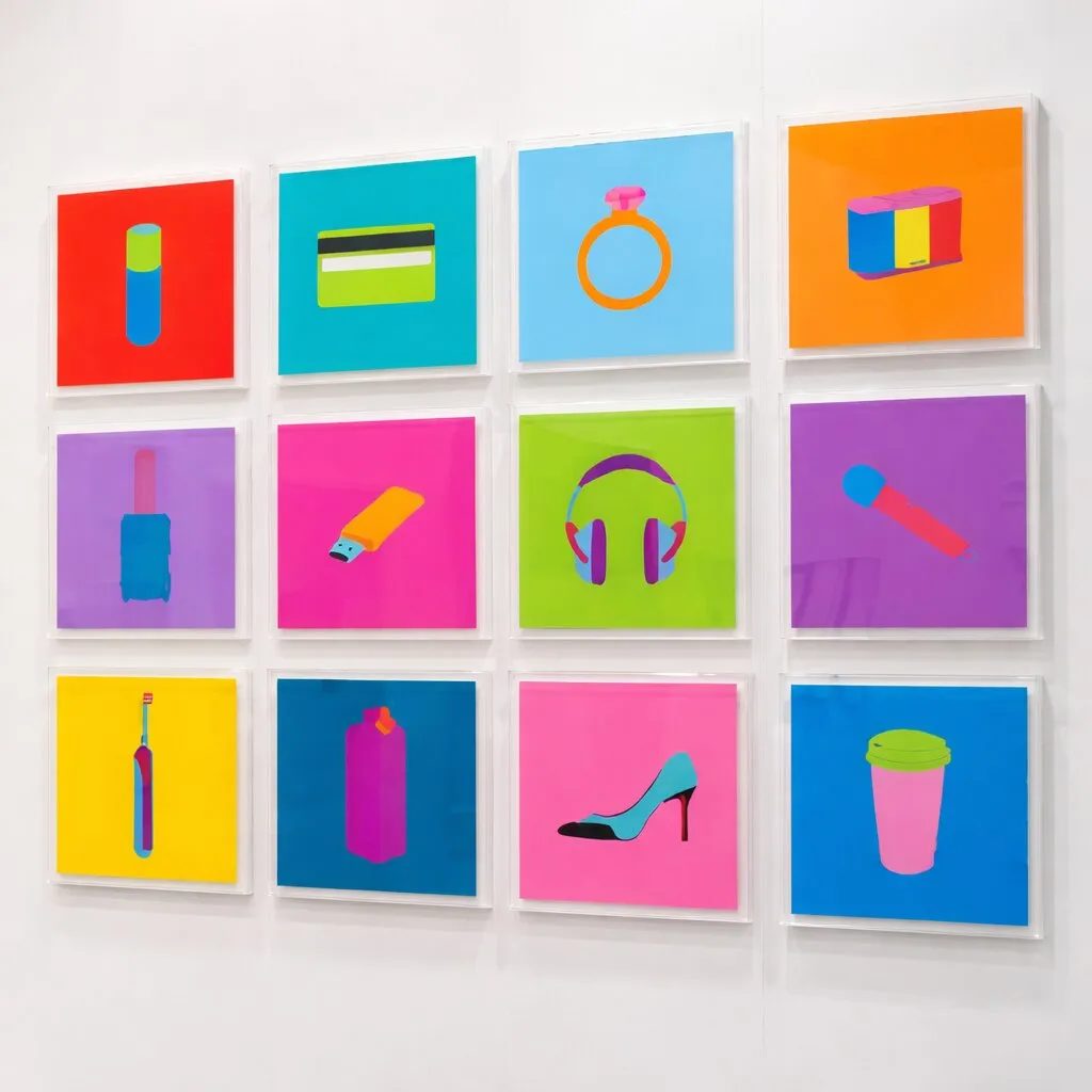 Michael Craig-Martin, Objects of Our Time (4 Wheel Suitcase, Credit Card, Diamond Ring, Electric Toothbrush, High Heel, Juice Carton, Long-life Battery, Memory Stick, Noise Canceling Headphones, Recycling Bins, Takeaway Coffee, Wireless Mic), 2014