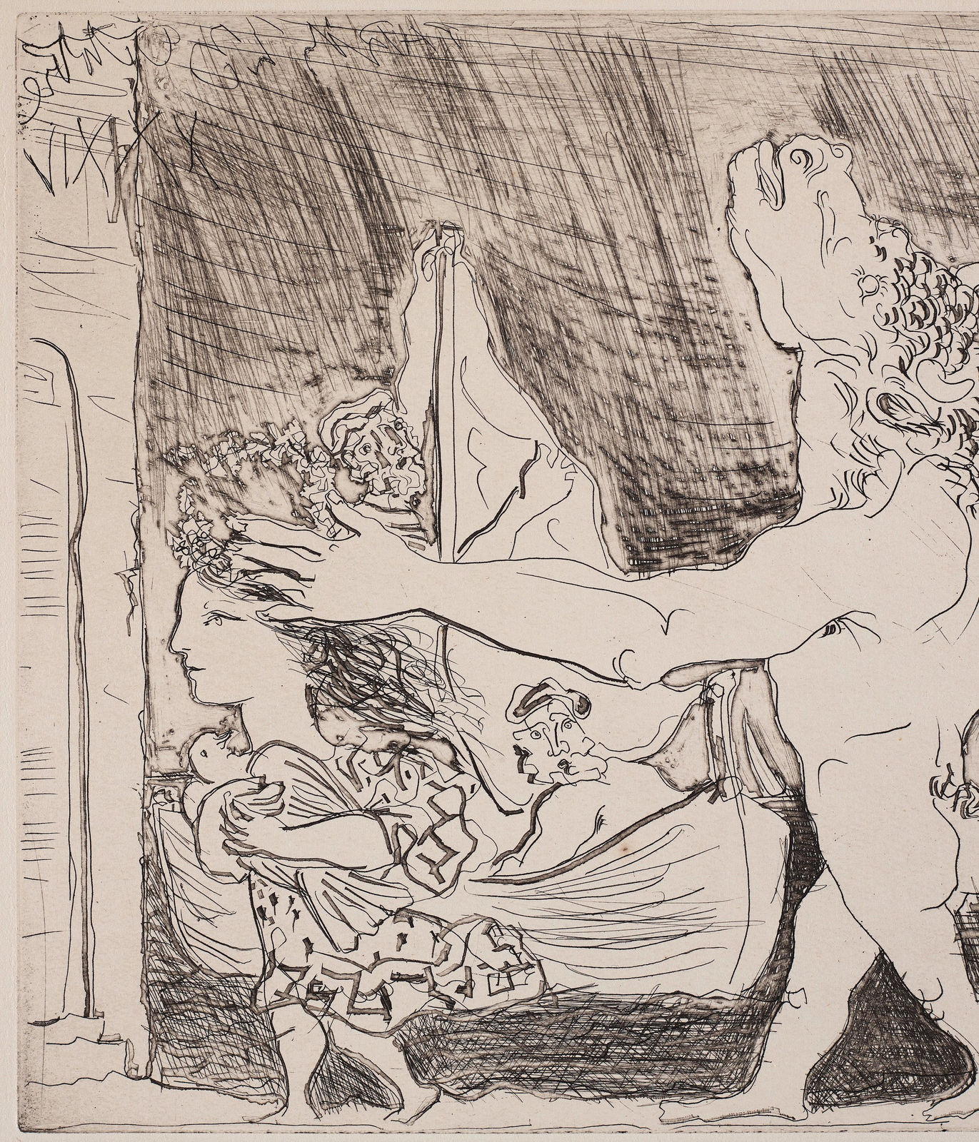 Pablo Picasso, Minotaure aveugle guidé dans la nuit par une petite fille au pigeon , 1934