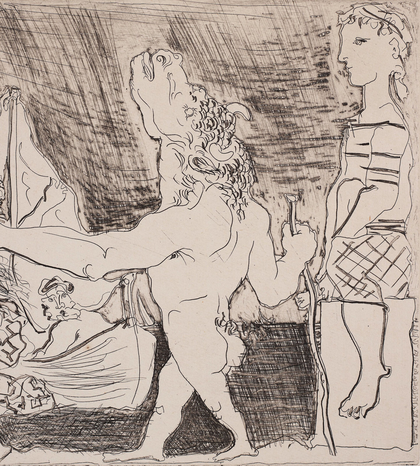 Pablo Picasso, Minotaure aveugle guidé dans la nuit par une petite fille au pigeon , 1934