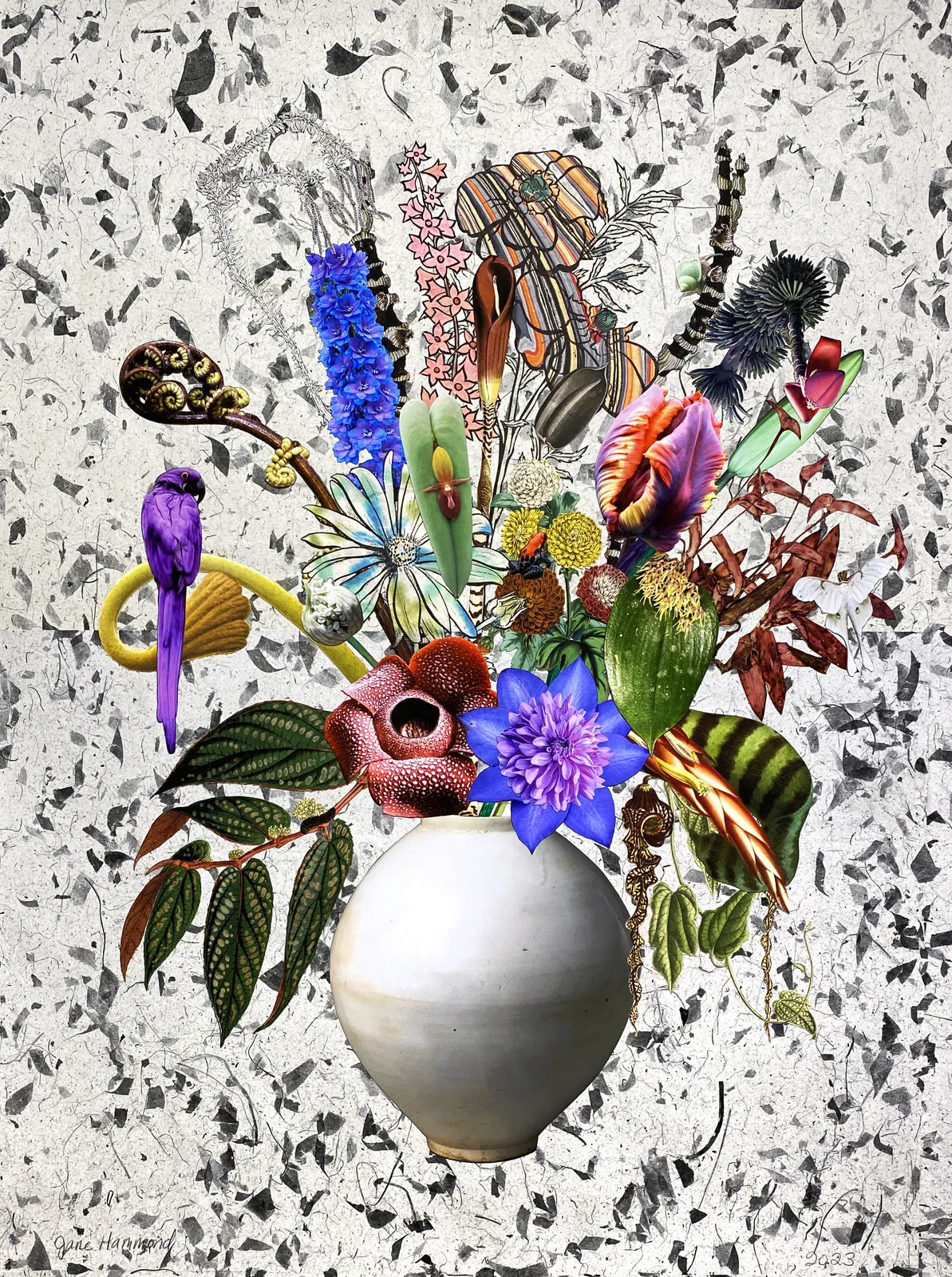 Jane Hammond, Korean Moon Jar with Rafflesia, Tree Fern and Hyacinth Macaw, 2023