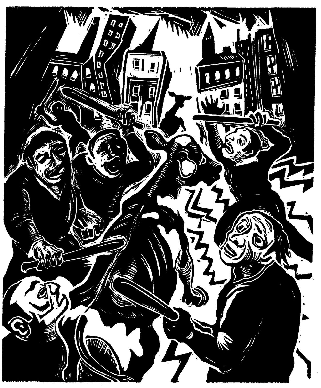 Sue Coe, The Cow Escapes the City, 2015