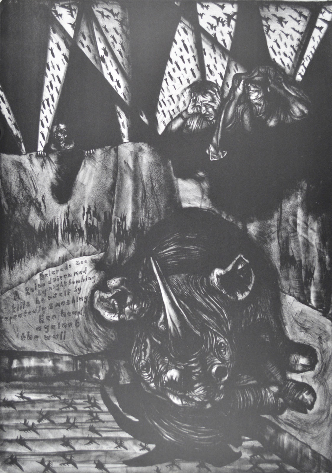 Sue Coe, Belgrade Zoo: Mad Rhino, 1999