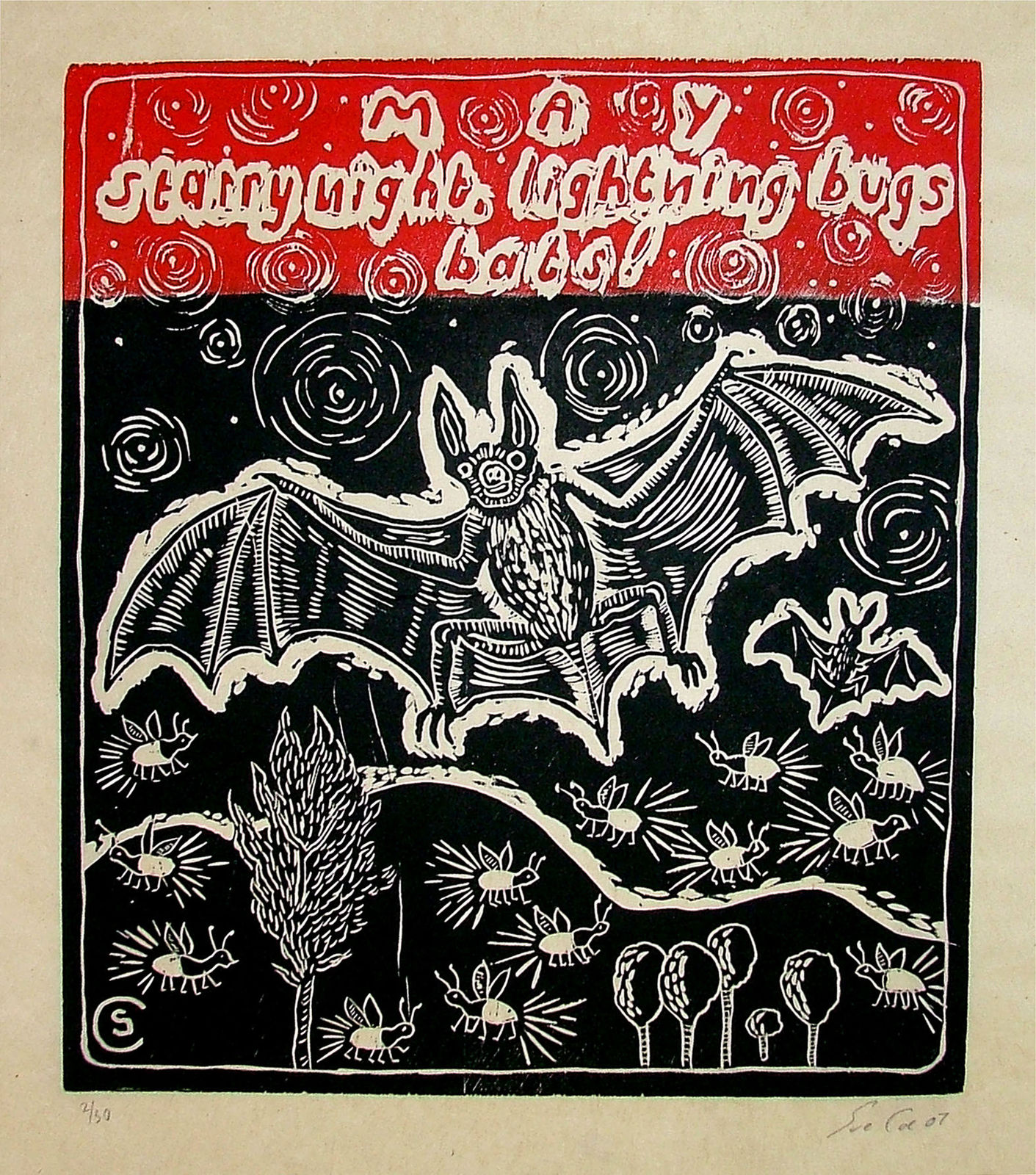 Sue Coe, May: Starry Night Lightning Bugs Bats!, 2007
