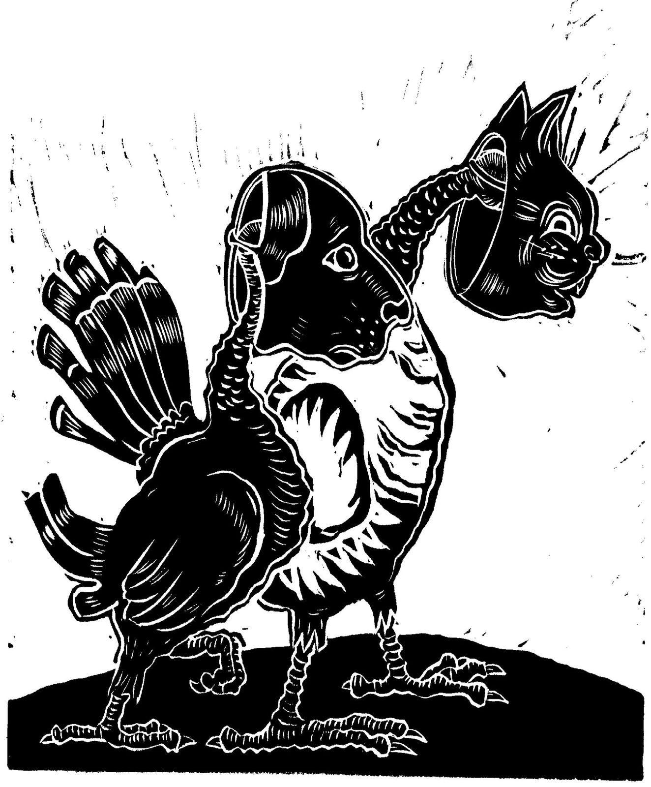 Sue Coe, Turkeys Wear Cat and Dog Masks, 2016