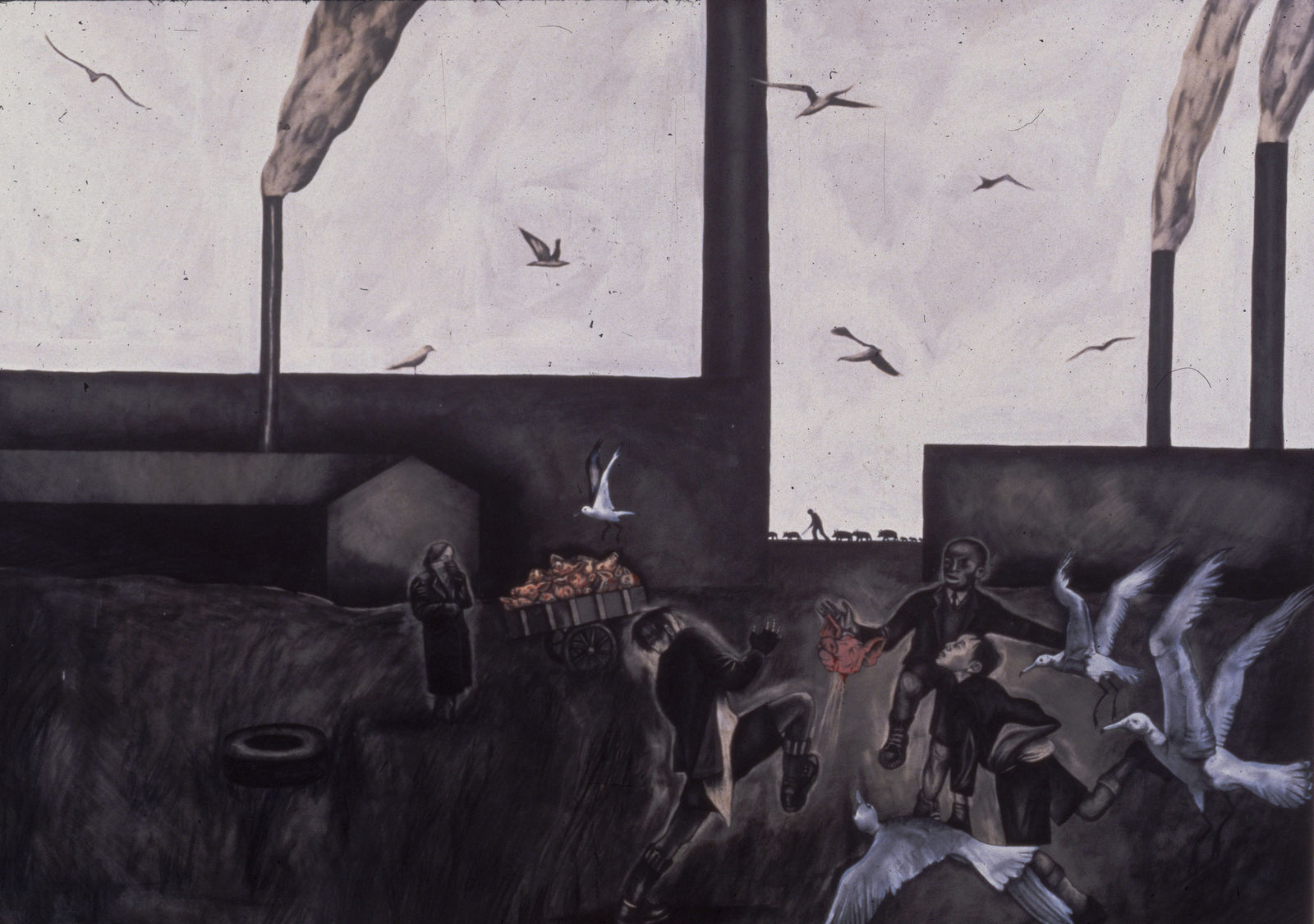 Sue Coe, Boys Play Football with Hogs Head At the Back of the Municipal Slaughter House Liverpool, Nov. 1989, 1990