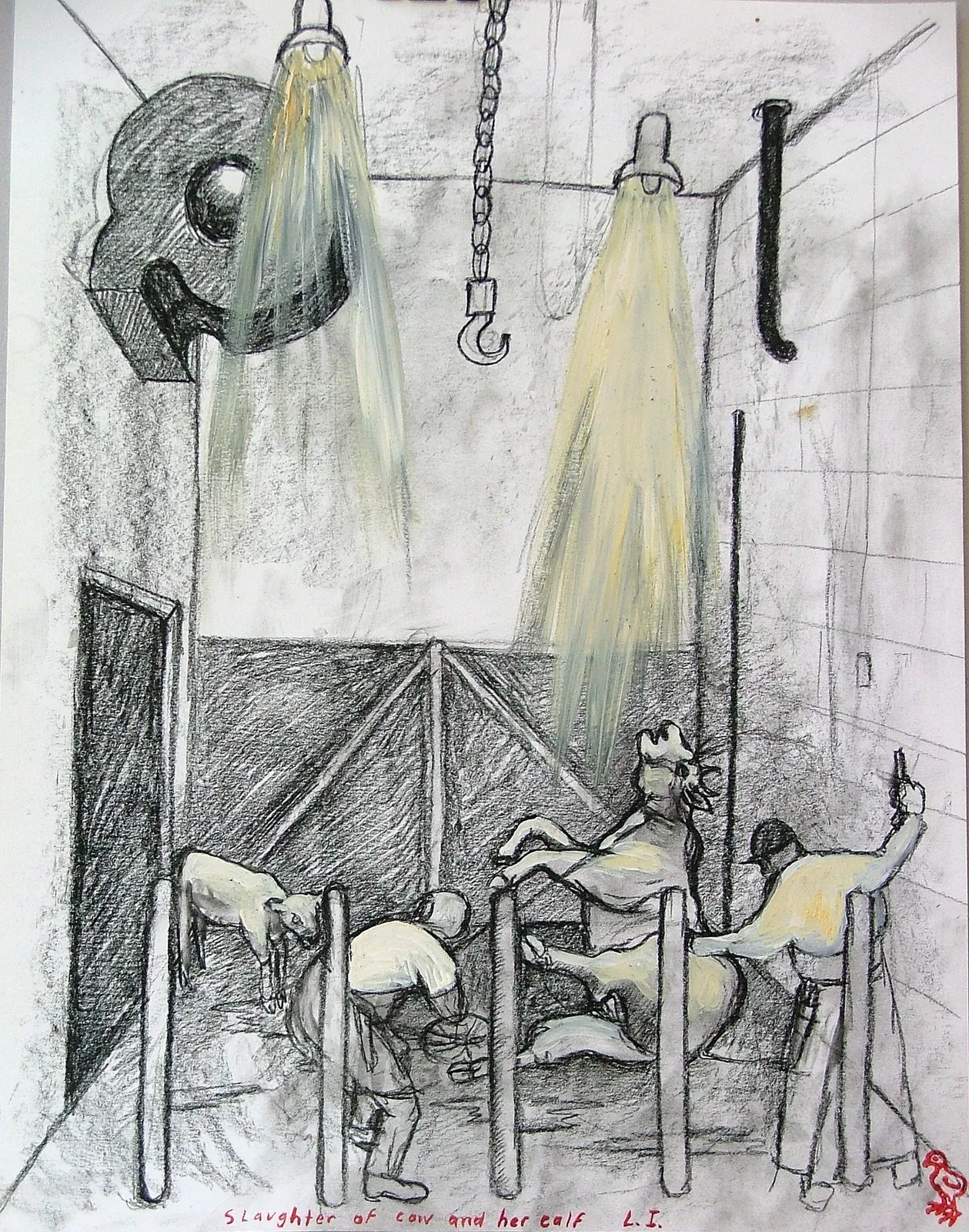 Sue Coe, Slaughter of Cow and her Calf, L.I., 1990