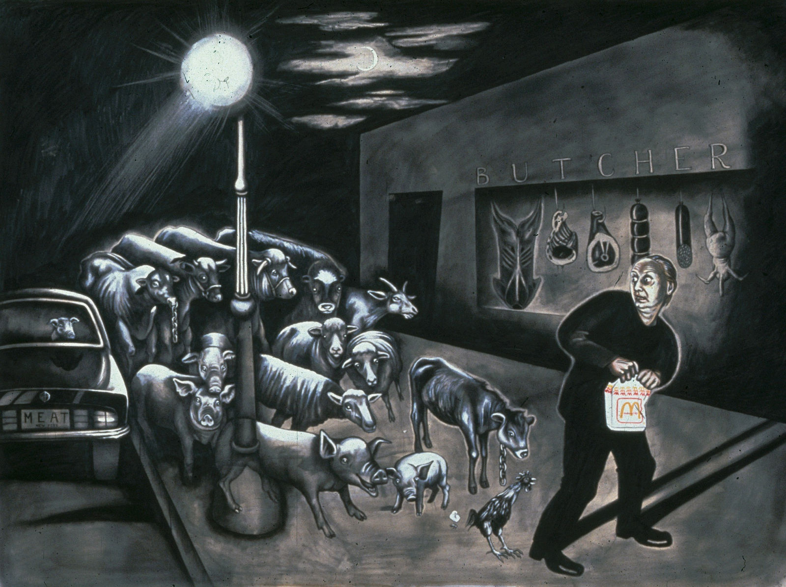 Sue Coe, Modern Man Followed by the Ghosts of His Meat, 1990