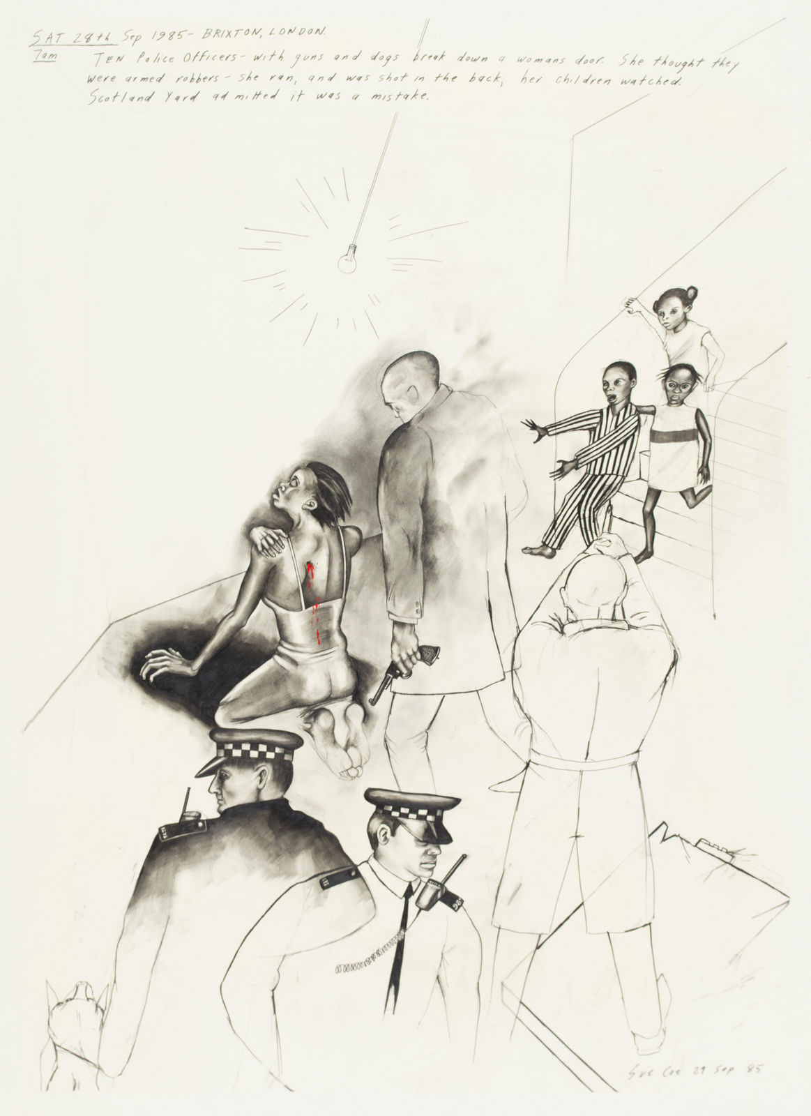 Sue Coe, Woman Shot in Back (Brixton Riot), 1985