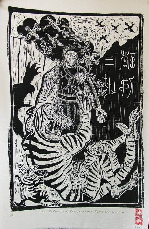 Sue Coe, The Buddha and the Starving Tigress, 2010