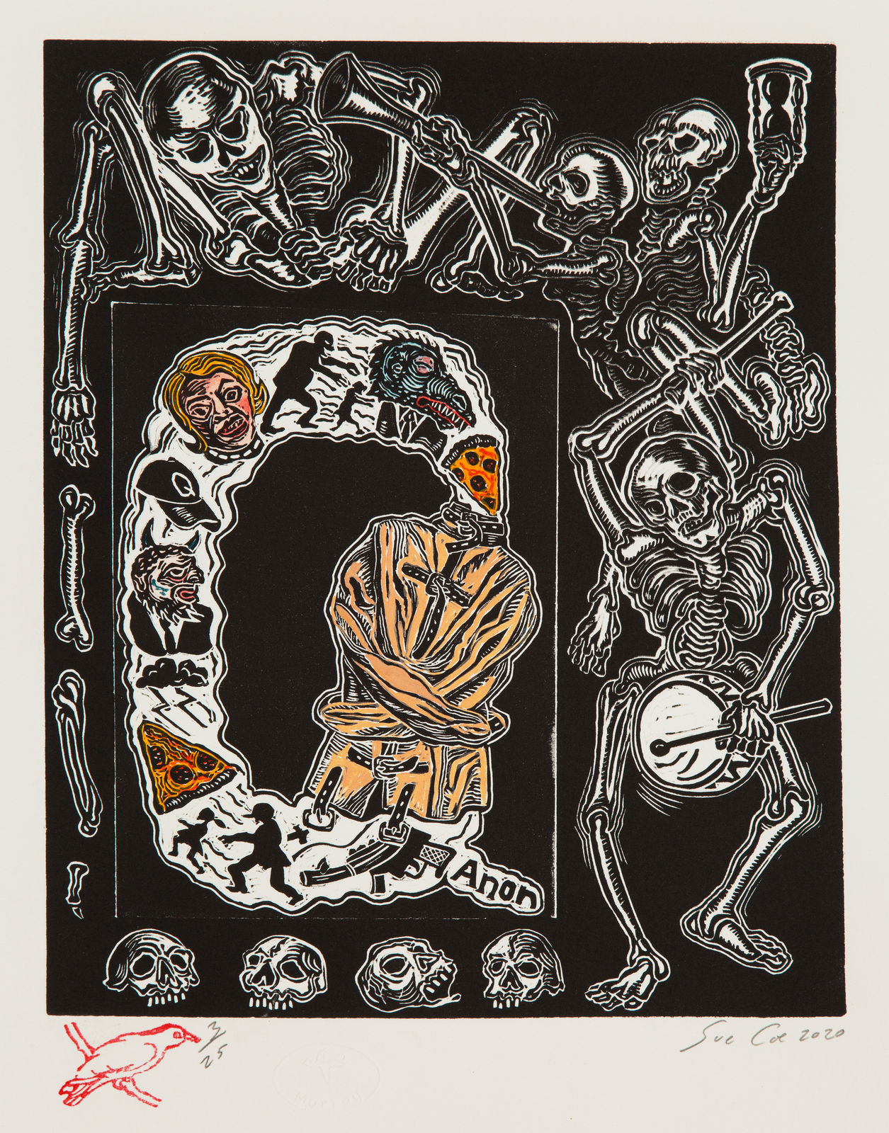 Sue Coe, QAnon/Dance of Death, 2020