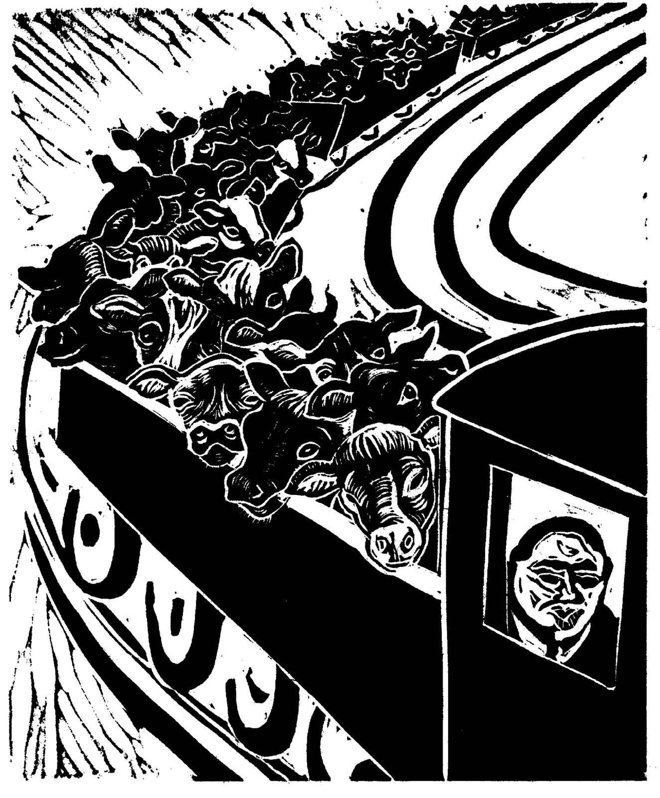 Sue Coe, Cattle Cars, 2015