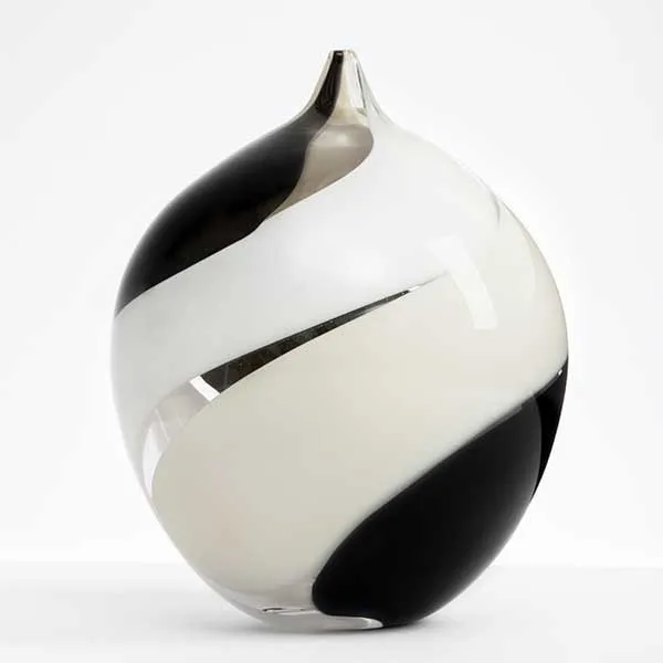 Glasverk, rund, liten hals, svart, vit, randig