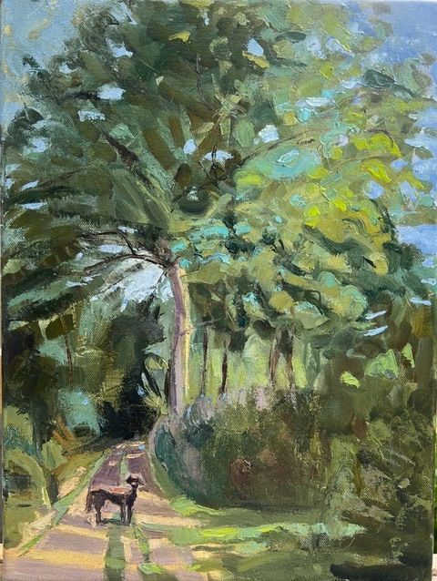 Louise Bourne, Woods Path, Dog, 2025