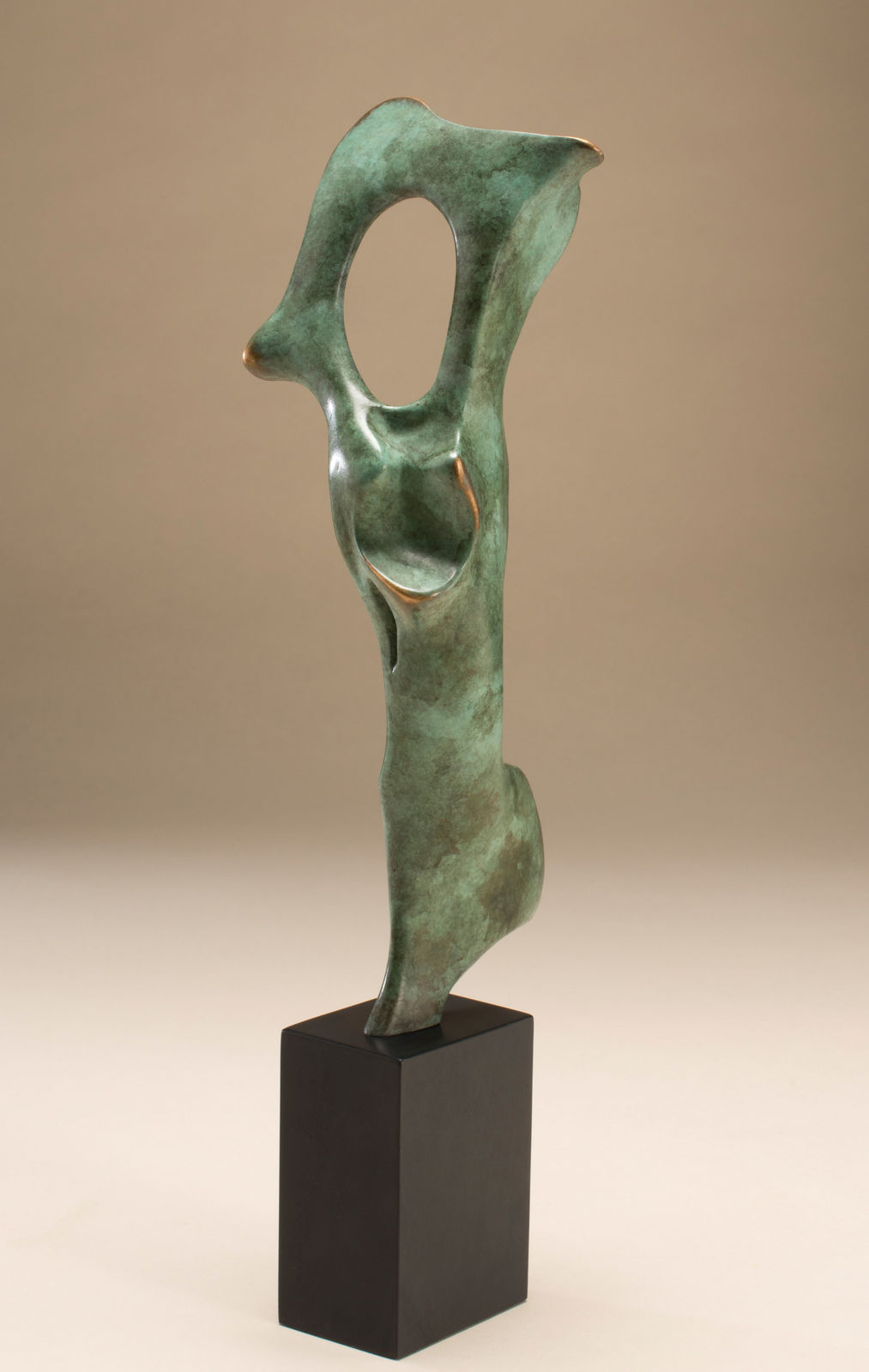 Abstract bronze sculpture of Bone form by sculptor Nicola Godden, displayed on plinth