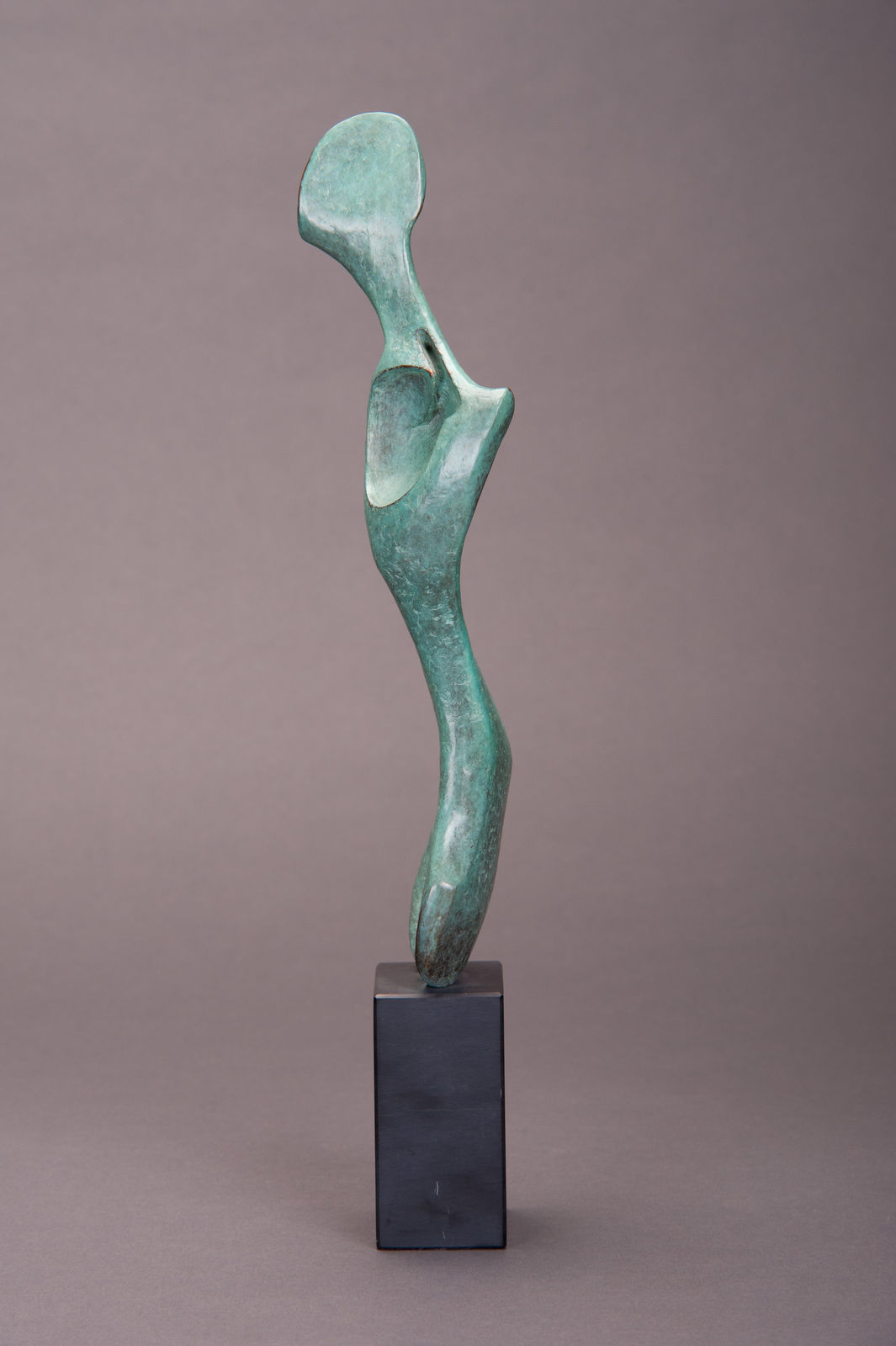 Abstract bronze sculpture of Bone form by sculptor Nicola Godden, displayed on plinth